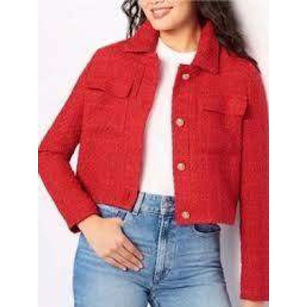Vigoss  Red Bouclé Tweed Crop Jacket Women Small Quiet Luxury
